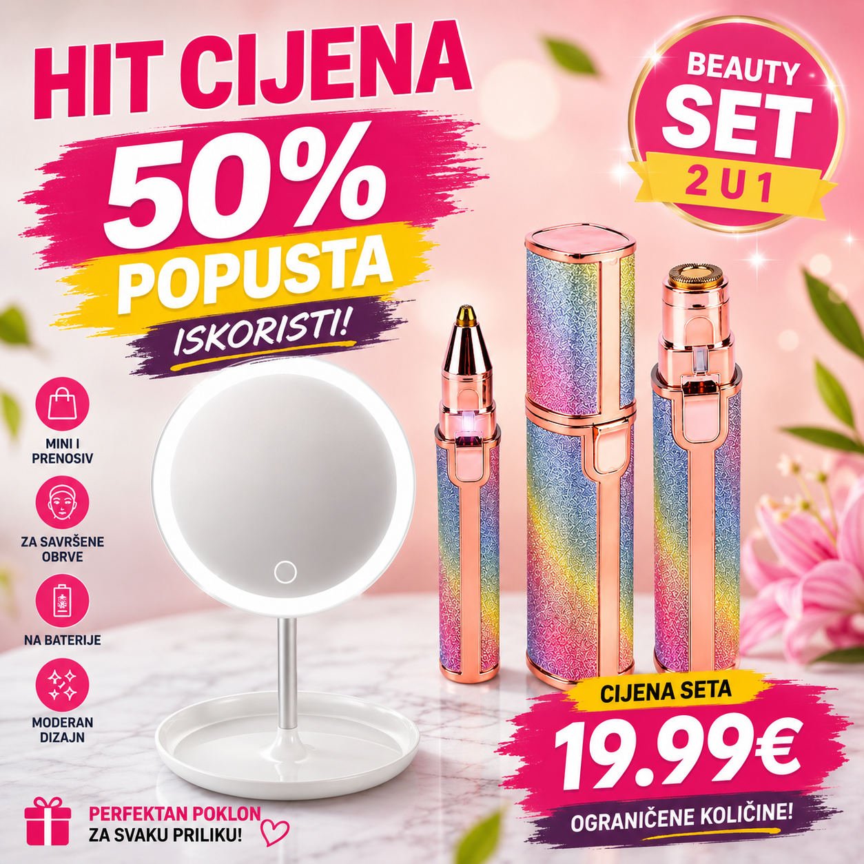 LED Ogledalo + Električni Trimer za Obrve– Beauty Set 2u1